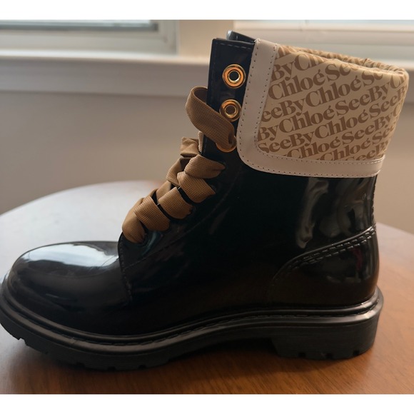 See By Chloe Luxury Black Glossy Logo Rain Boots Lace Up Combat Booties Size 8 - Picture 5 of 16